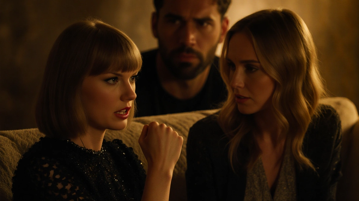 Taylor Swift and Blake Lively talking tensely on couch with Justin Baldoni