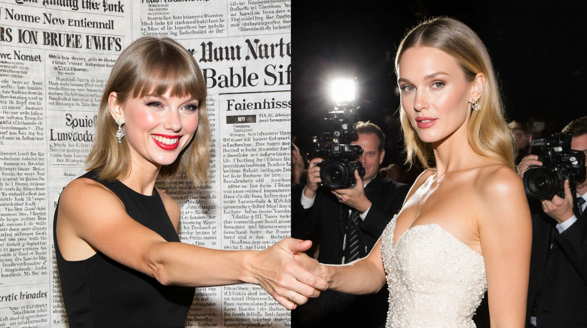 Taylor Swift and Blake Lively sharing a warm moment with hands extended and headlines in the background