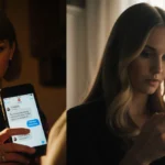 Taylor Swift and Blake Lively texting about Justin Baldoni with golden phone glow and dramatic shadows