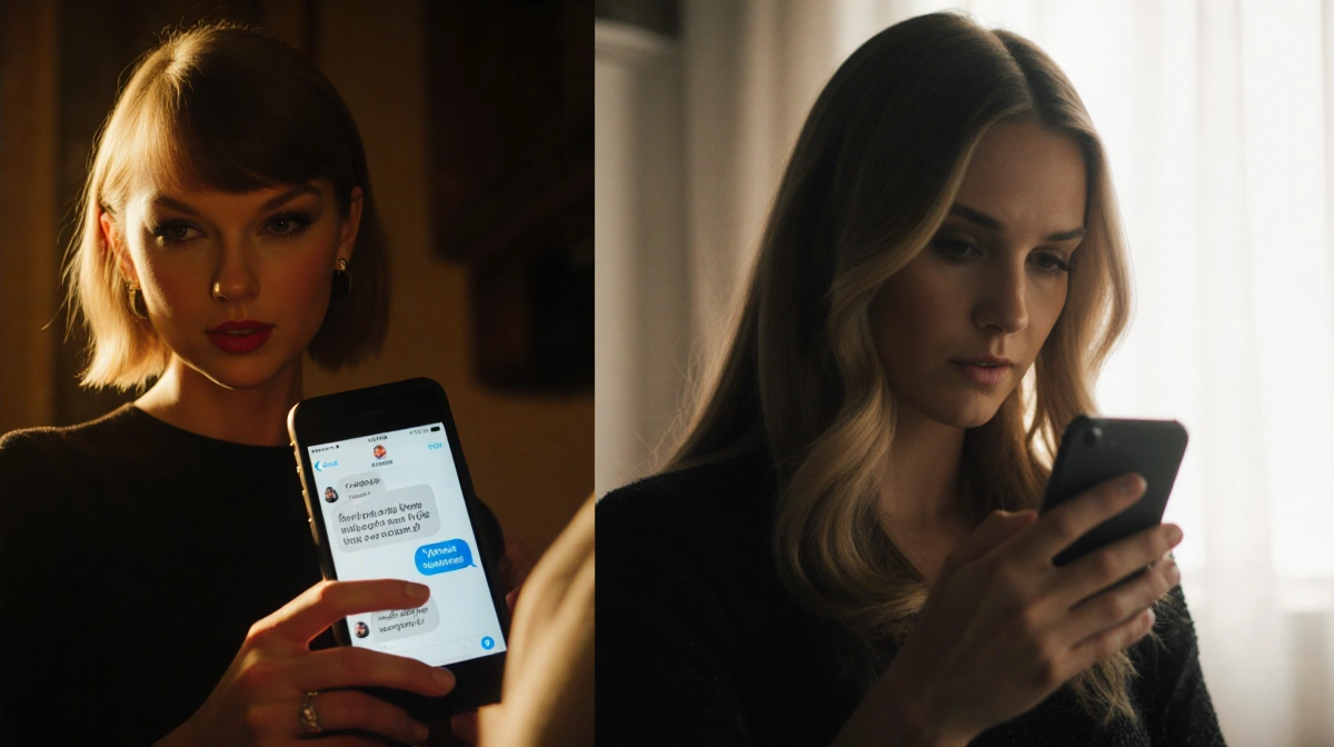 Taylor Swift and Blake Lively texting about Justin Baldoni with golden phone glow and dramatic shadows