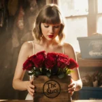 Taylor Swift placing red roses into wooden donation box with vintage thrift store items behind her