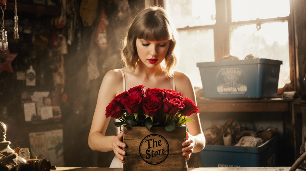 Taylor Swift placing red roses into wooden donation box with vintage thrift store items behind her