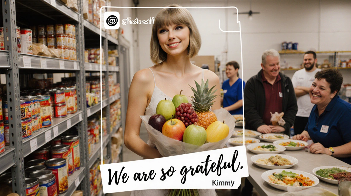 Taylor Swift holding fresh fruit bouquet with volunteers and donated food items at nonprofit organization
