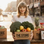 Taylor Swift holding fresh produce donation with food baskets and The Store