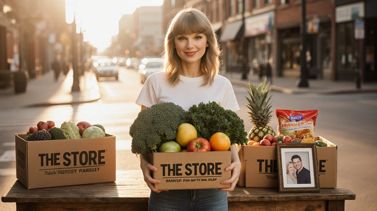 Taylor Swift holding fresh produce donation with food baskets and The Store