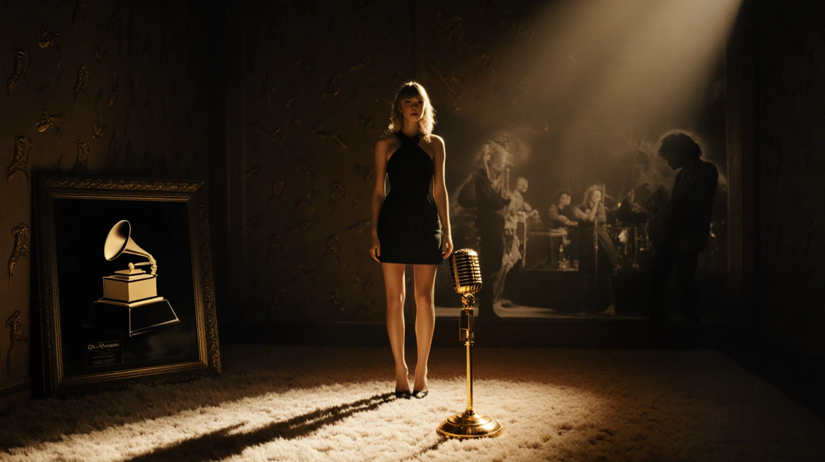 Taylor Swift stands alone with gold microphone at her feet and vintage Grammy Award in ornate frame behind her