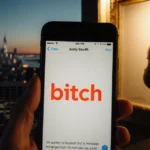 Smartphone screen displays bold red text message with bitch while a dusk cityscape and distant violin hint at drama
