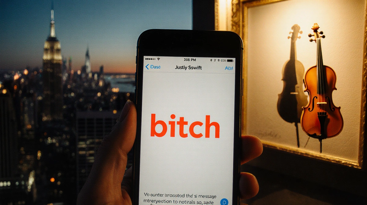 Smartphone screen displays bold red text message with bitch while a dusk cityscape and distant violin hint at drama
