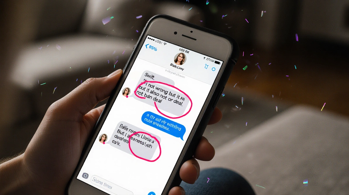 Taylor Swift texting Blake Lively with highlighted message showing on phone screen and blurred living room behind