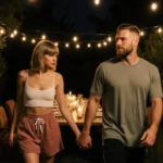 Taylor Swift and Travis Kelce walking hand in hand to candlelit dinner table with twinkling string lights overhead