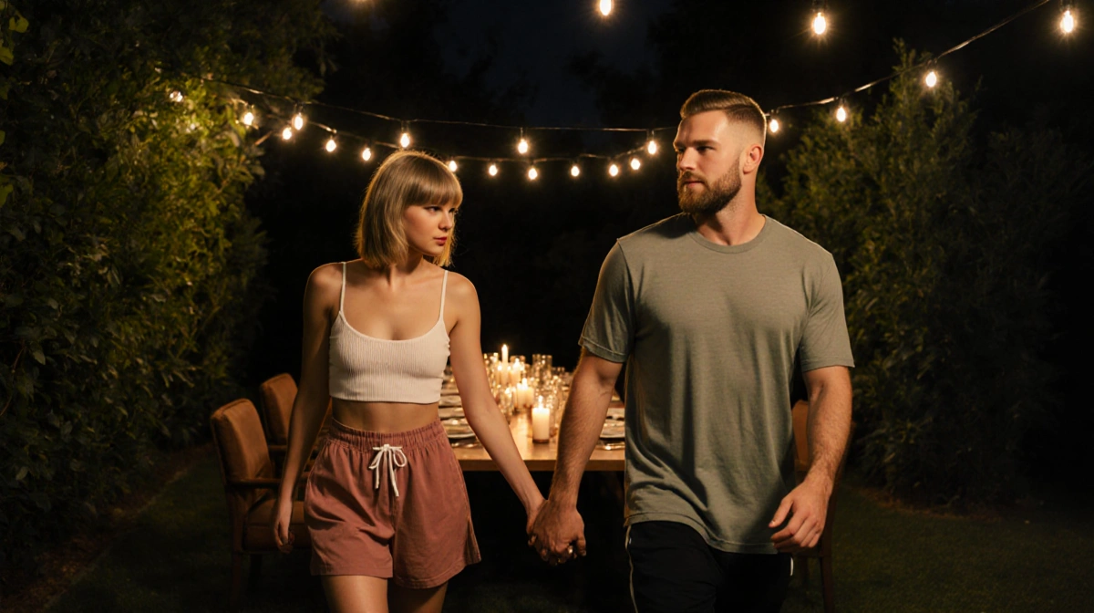 Taylor Swift and Travis Kelce walking hand in hand to candlelit dinner table with twinkling string lights overhead
