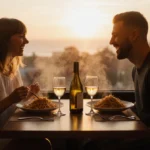 Taylor Swift and Travis Kelce sharing noodles and wine with sunset glowing through the restaurant window
