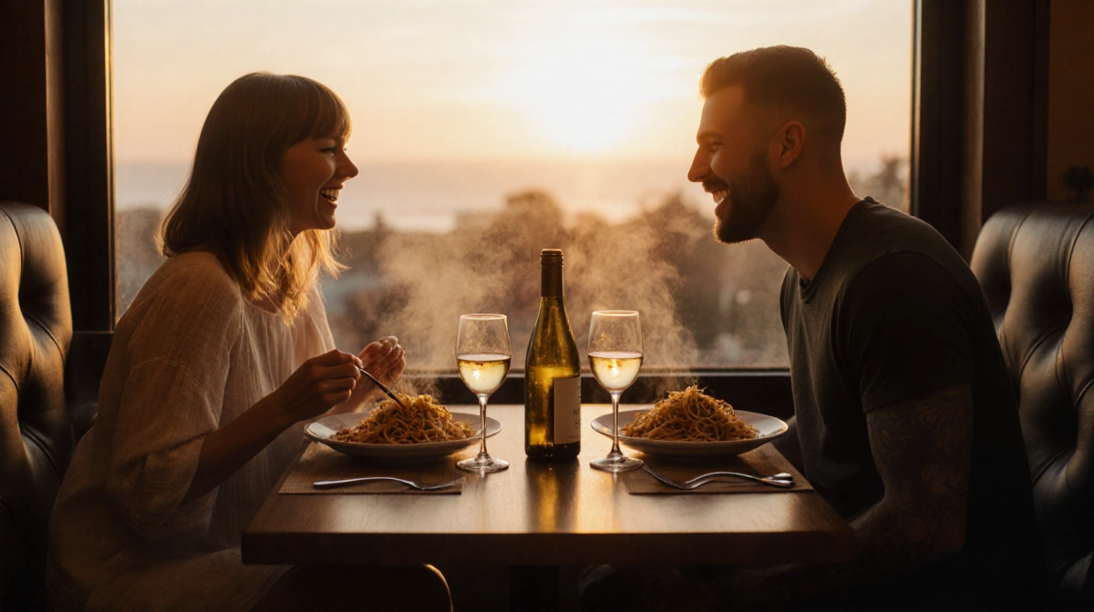Taylor Swift and Travis Kelce sharing noodles and wine with sunset glowing through the restaurant window