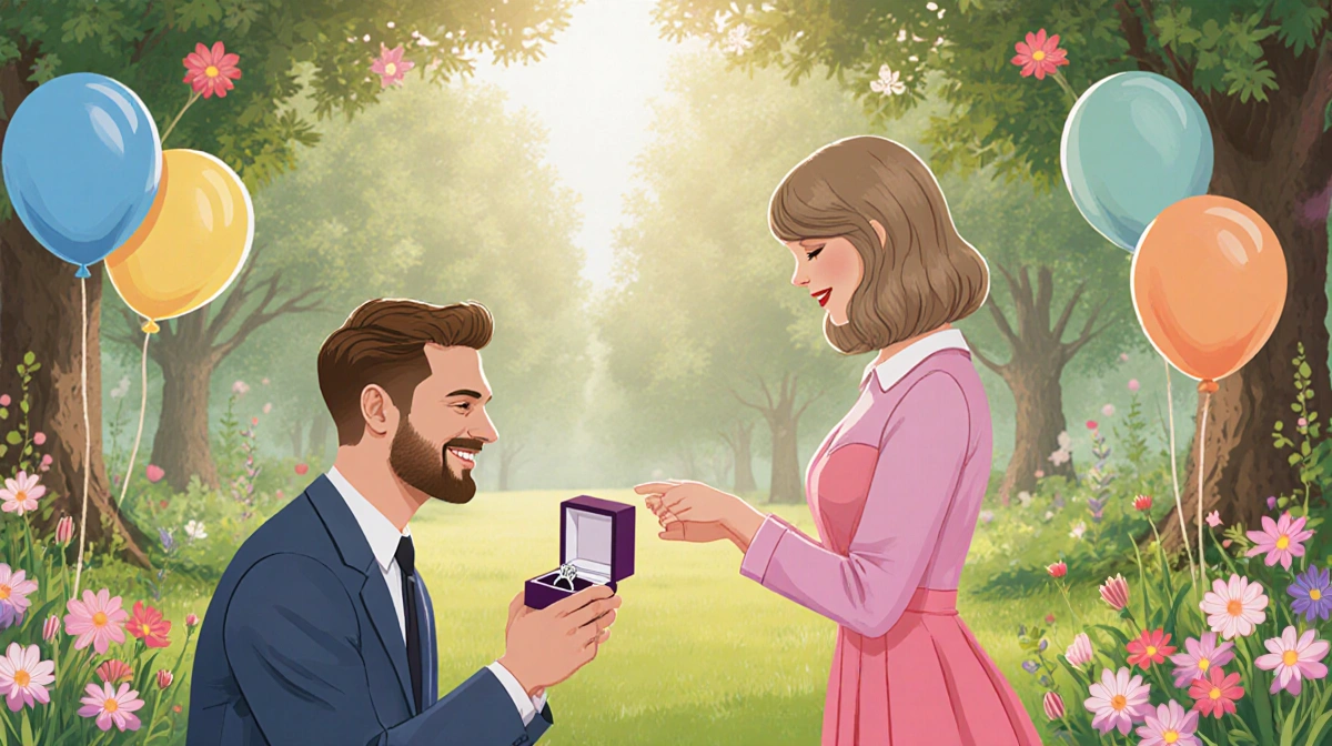 Taylor Swift holds hands with Travis Kelce as he proposes on one knee with ring box and balloons in garden setting
