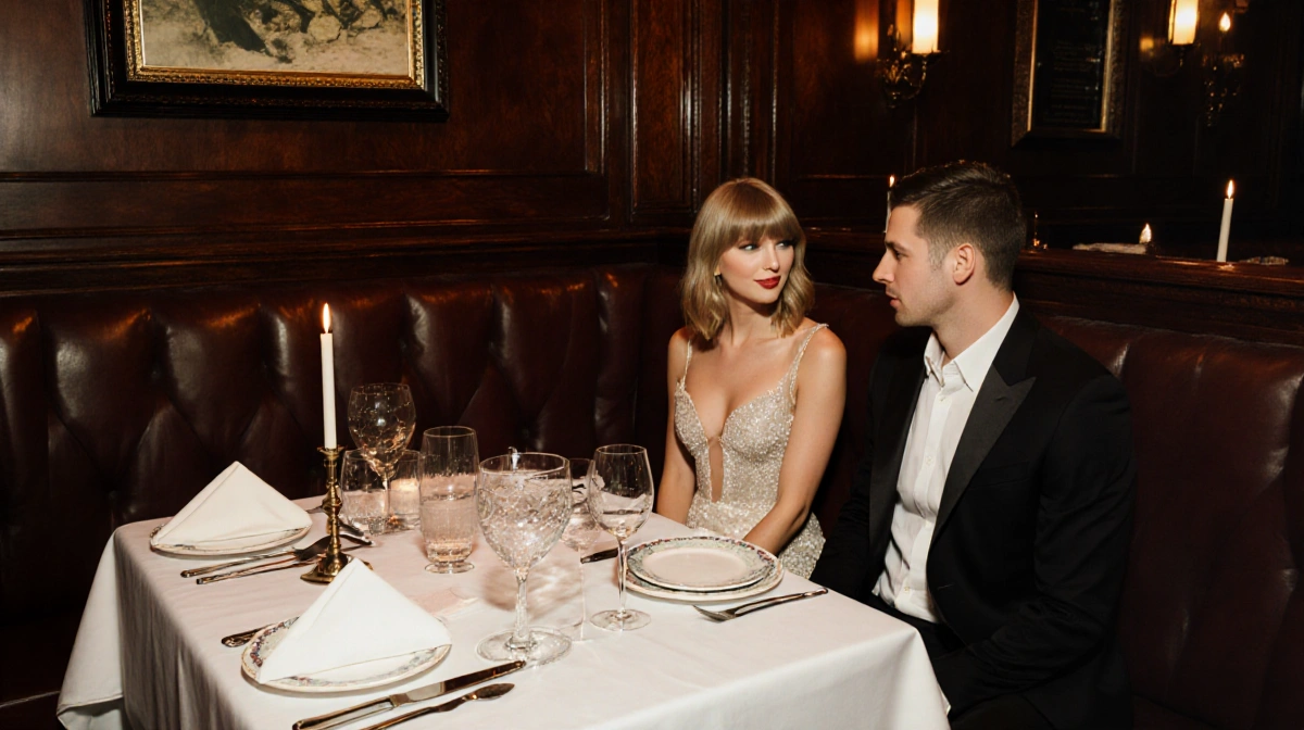 Taylor Swift and Travis Kelce dining at Polo Bar with mahogany walls and white tablecloths