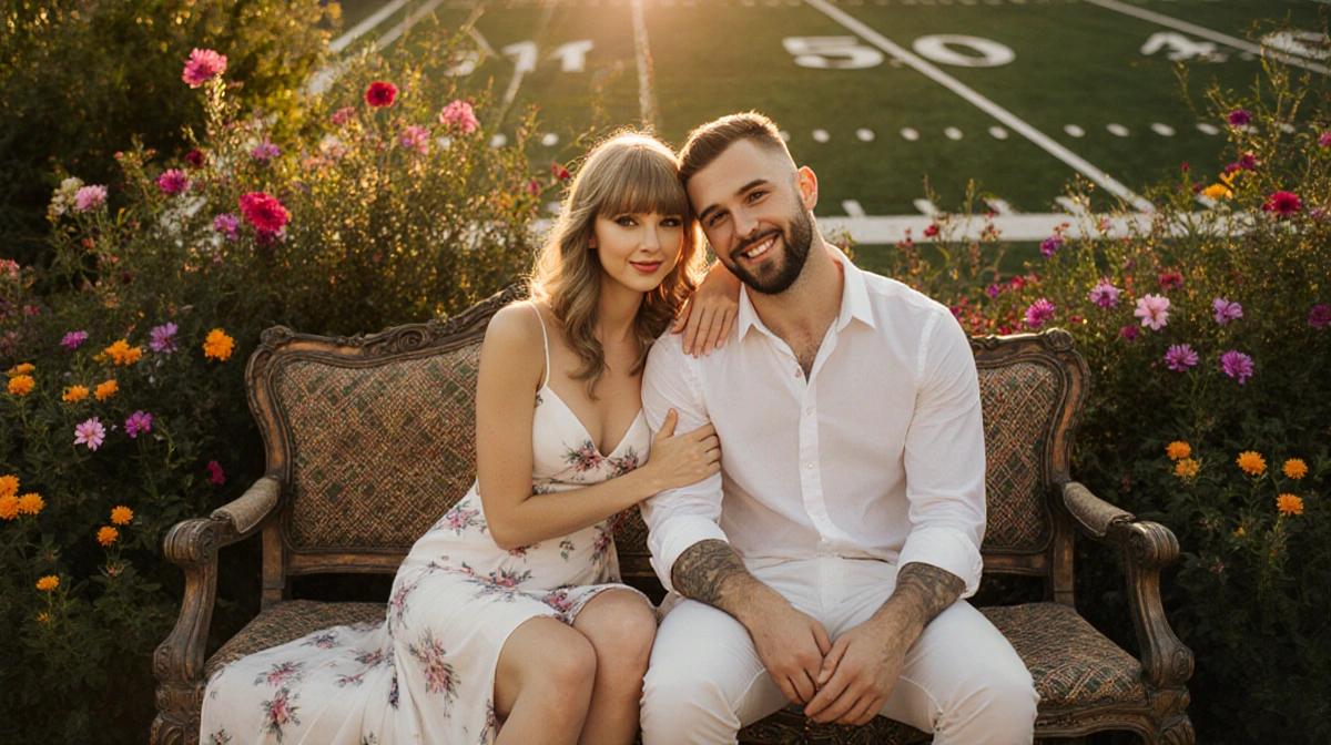 Taylor Swift and Travis Kelce embracing on vintage bench with flowers and football field behind