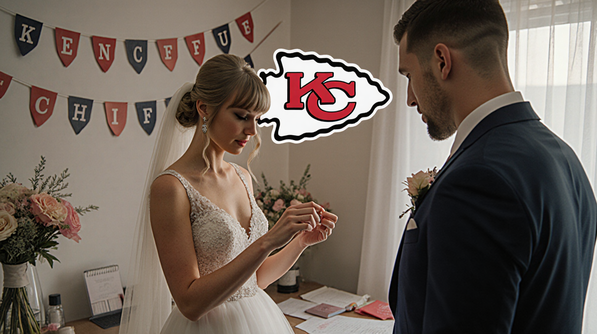 Taylor Swift in a wedding dress flowers with Travis Kelce looking at his engagement ring blurred Chiefs logo background.