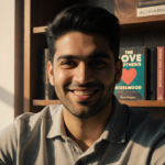Taylor Zakhar Perez sits comfortably before a wooden bookshelf with The Love Hypothesis books and warm light on his face