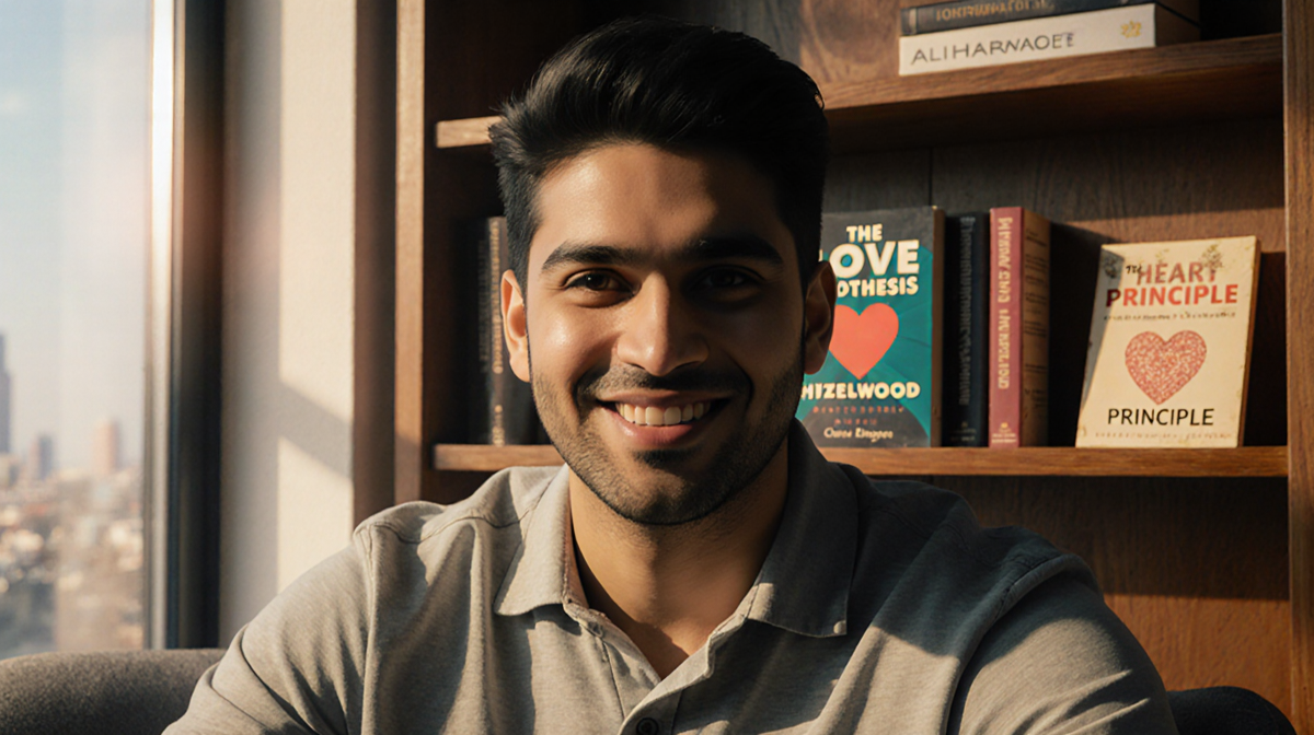 Taylor Zakhar Perez sits comfortably before a wooden bookshelf with The Love Hypothesis books and warm light on his face