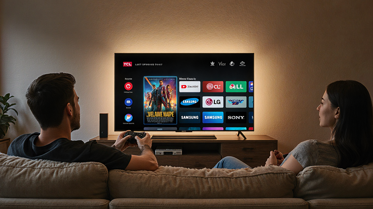 Person enjoying movie with 85-inch TCL 4K TV glowing warmly on plush couch surrounded by Samsung LG Sony TVs