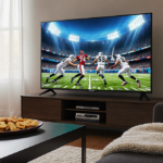 TV shows football game with snack platter and blankets on sleek table and soft natural light.