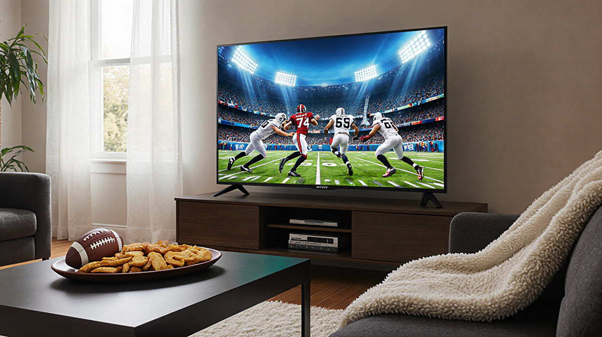 TV shows football game with snack platter and blankets on sleek table and soft natural light.