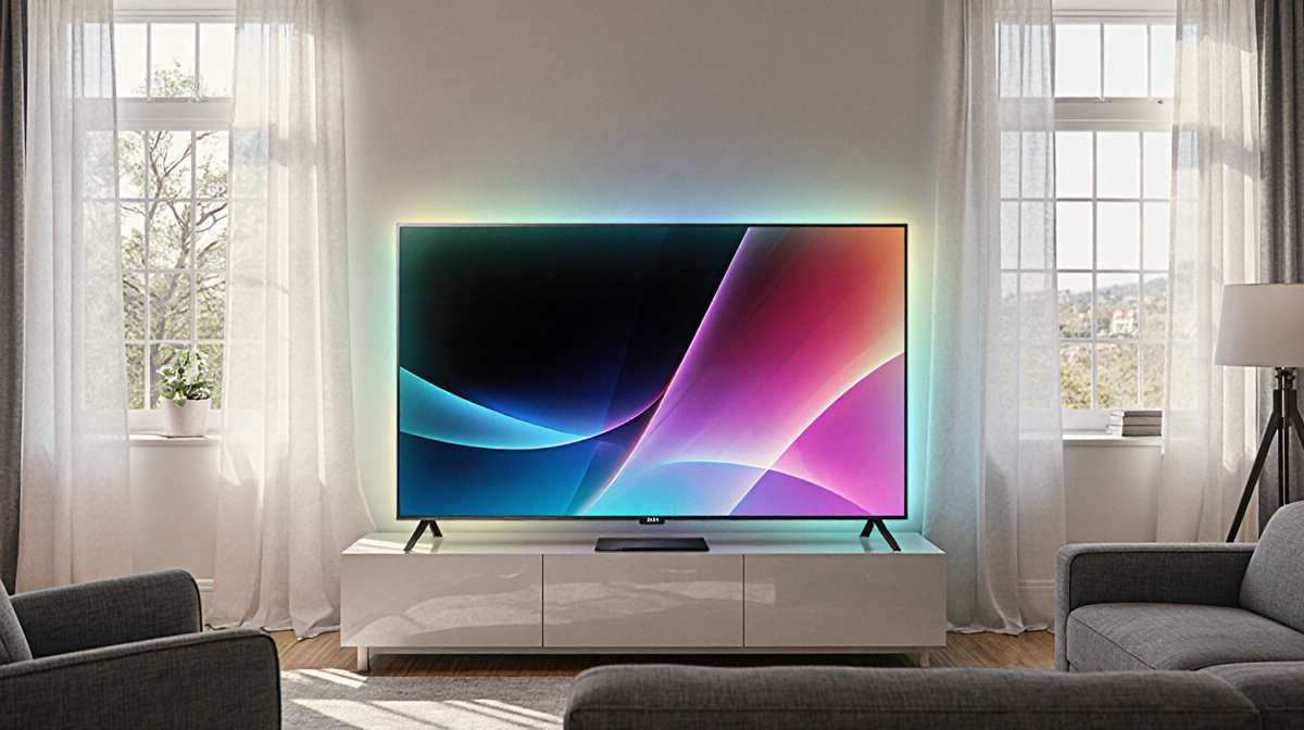 TCL QM8K TV adjusting picture quality with natural light streaming through windows in living room and vibrant halo effect aro