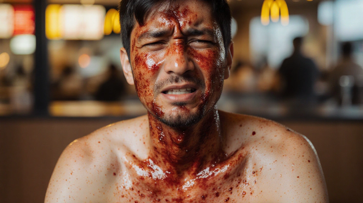 Person recoils from spilled tea burns with red blisters and swelling at McDonald's