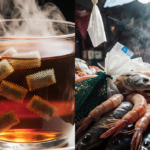 Steaming tea cup with microplastic beads a seafood market scene showing fish tangled in plastic