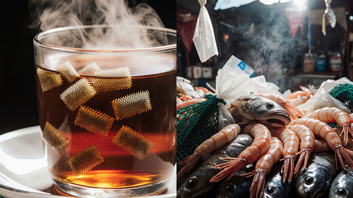 Steaming tea cup with microplastic beads a seafood market scene showing fish tangled in plastic