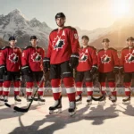 Connor McDavid leads the Canada hockey team with sticks and gloves in front of a packed arena and Italian Alps behind