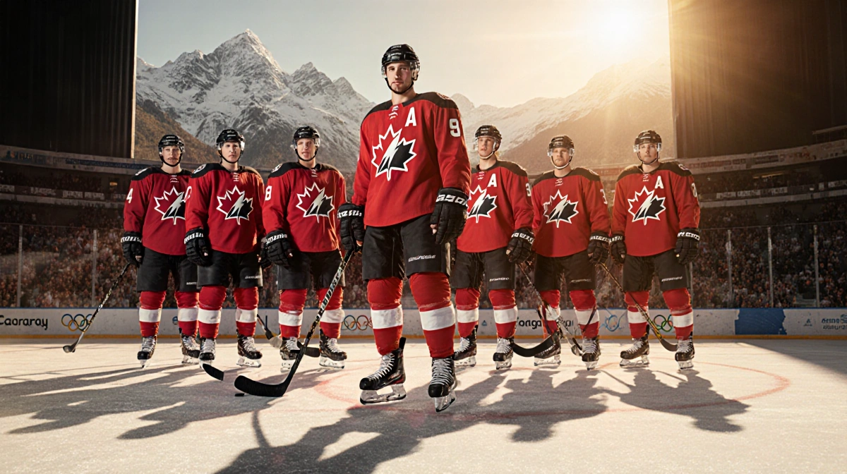 Connor McDavid leads the Canada hockey team with sticks and gloves in front of a packed arena and Italian Alps behind