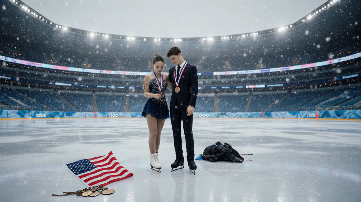 Team USA figure skaters standing together on frozen Olympic rink with abandoned medals and flag lying on ice