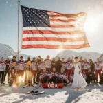 Team USA athletes gather around a large American flag in the snowy Italian Alps with winter sports gear and golden sunset lig