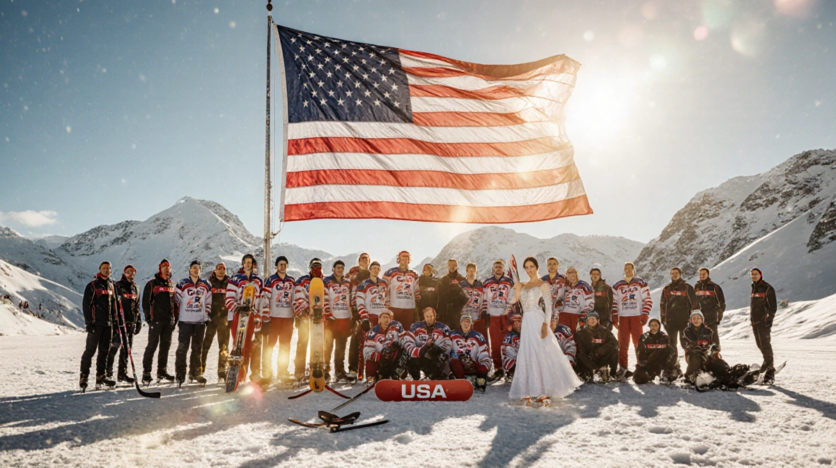 Team USA athletes gather around a large American flag in the snowy Italian Alps with winter sports gear and golden sunset lig