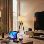 Living room displays Samsung tablet and Roku TV with floor lamps and natural light
