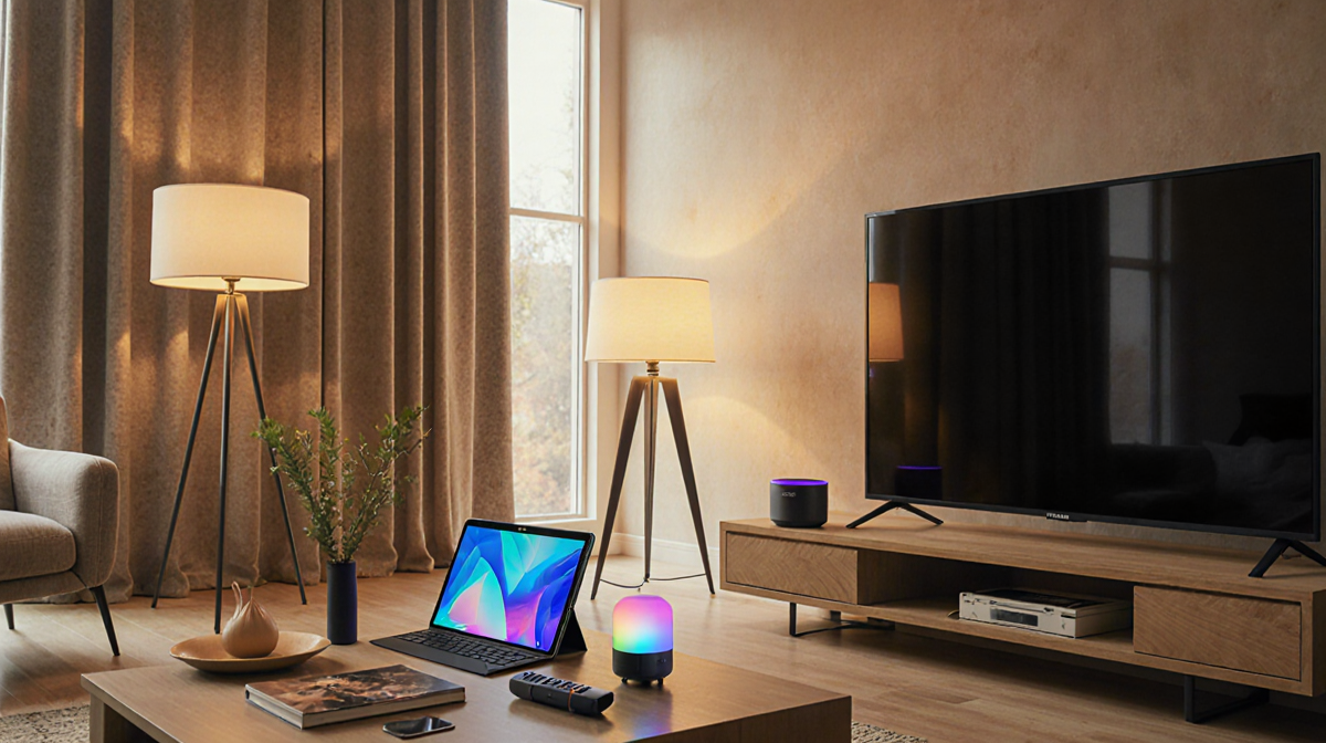 Living room displays Samsung tablet and Roku TV with floor lamps and natural light
