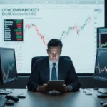 CEO studying tablet with falling stock prices on screens and bear market shadow behind