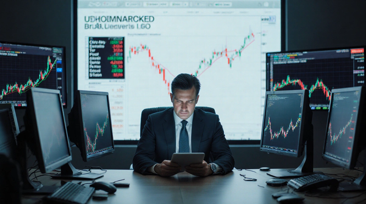 CEO studying tablet with falling stock prices on screens and bear market shadow behind