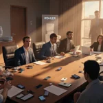 Mark Zuckerberg and tech peers look disheveled around a wooden table cluttered with laptops and smart toilets under warm ligh