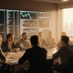 Investors and entrepreneurs sit tensely around a conference table with code-filled screens and stock charts showing market un