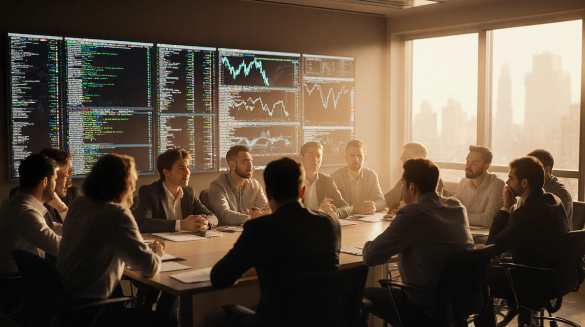 Investors and entrepreneurs sit tensely around a conference table with code-filled screens and stock charts showing market un