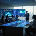 Diverse professionals analyzing market data on screens with LED buy signals and natural light flooding the tech hub