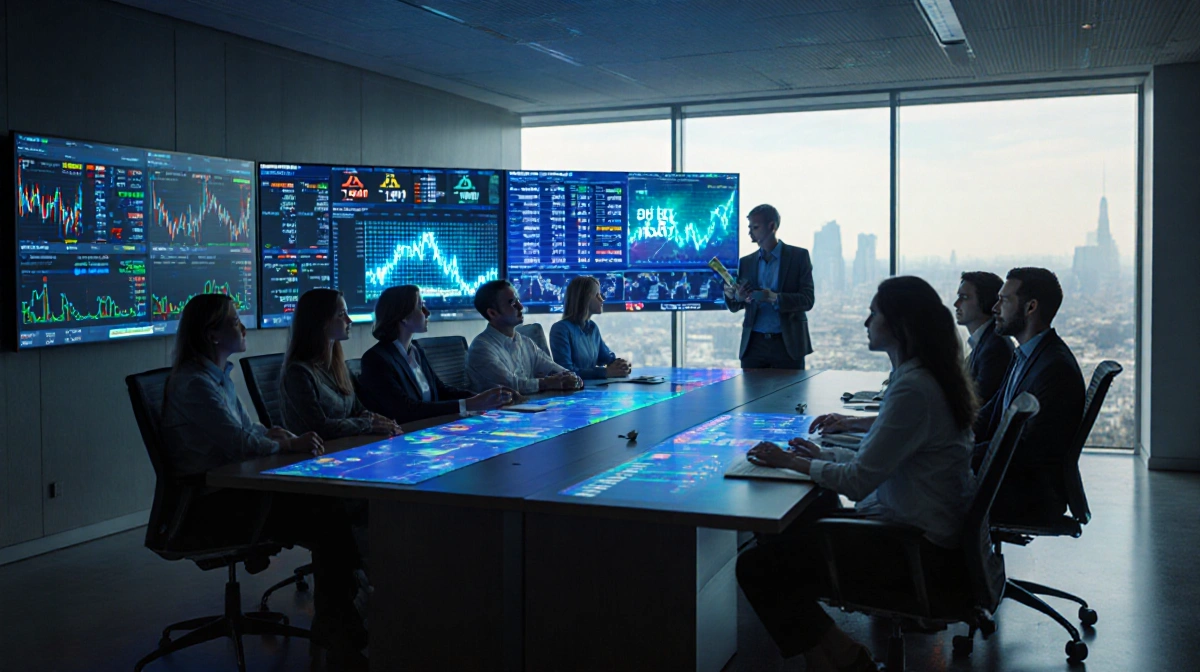 Diverse professionals analyzing market data on screens with LED buy signals and natural light flooding the tech hub