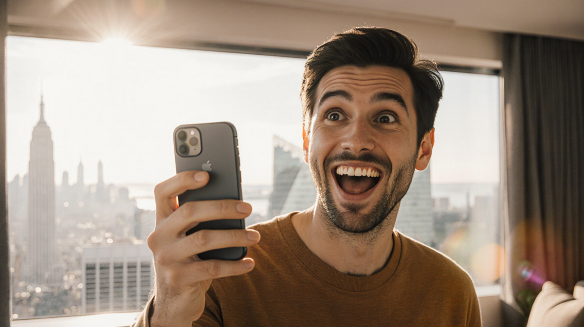 Tech‑savvy person holds unlocked smartphone with wide smile against warm city skyline and subtle discount signage