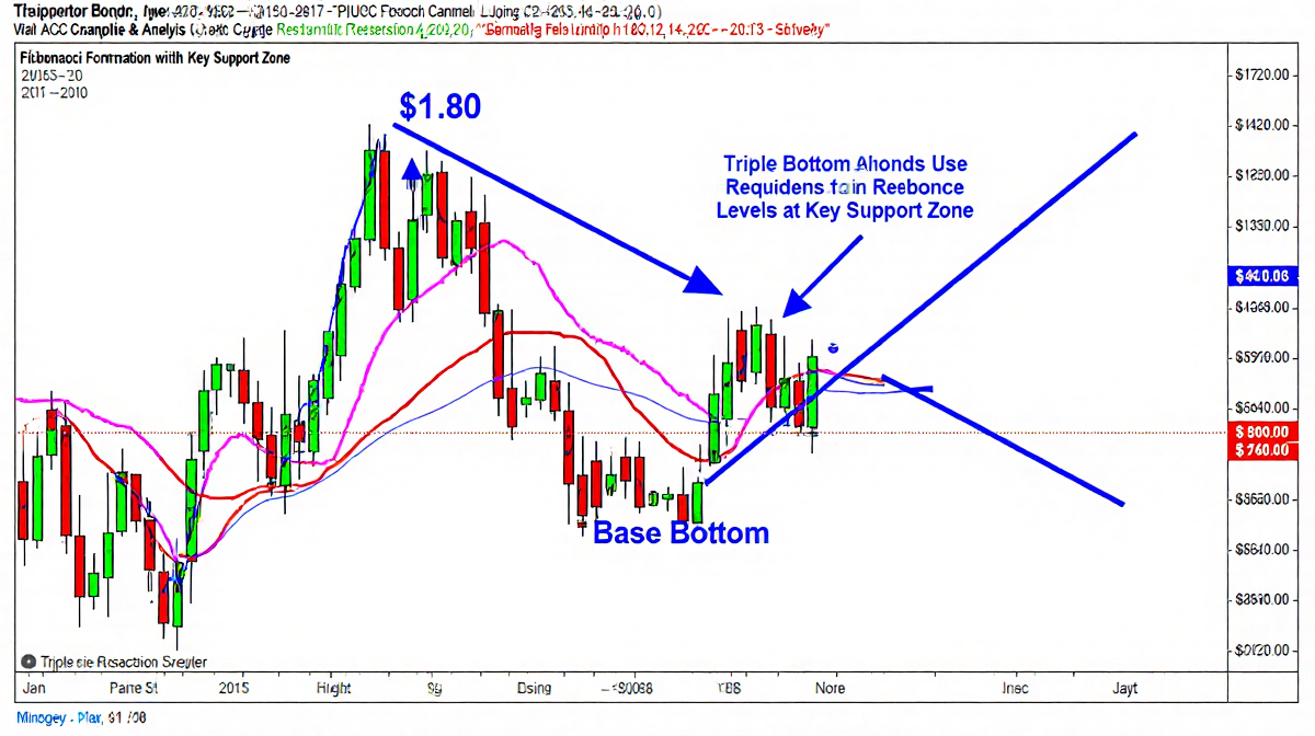 Technical chart shows descending channel and ABC correction with $1.80 base and triple bottom and Fibonacci retracement