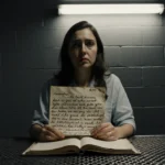 Woman reads handwritten letter from Ted Bundy with shock and sadness in prison visitation room with flickering light