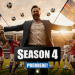 Ted Lasso triumphantly stretches arms with soccer balls and FIFA flags around him on a sunset stadium field Season 4 banner