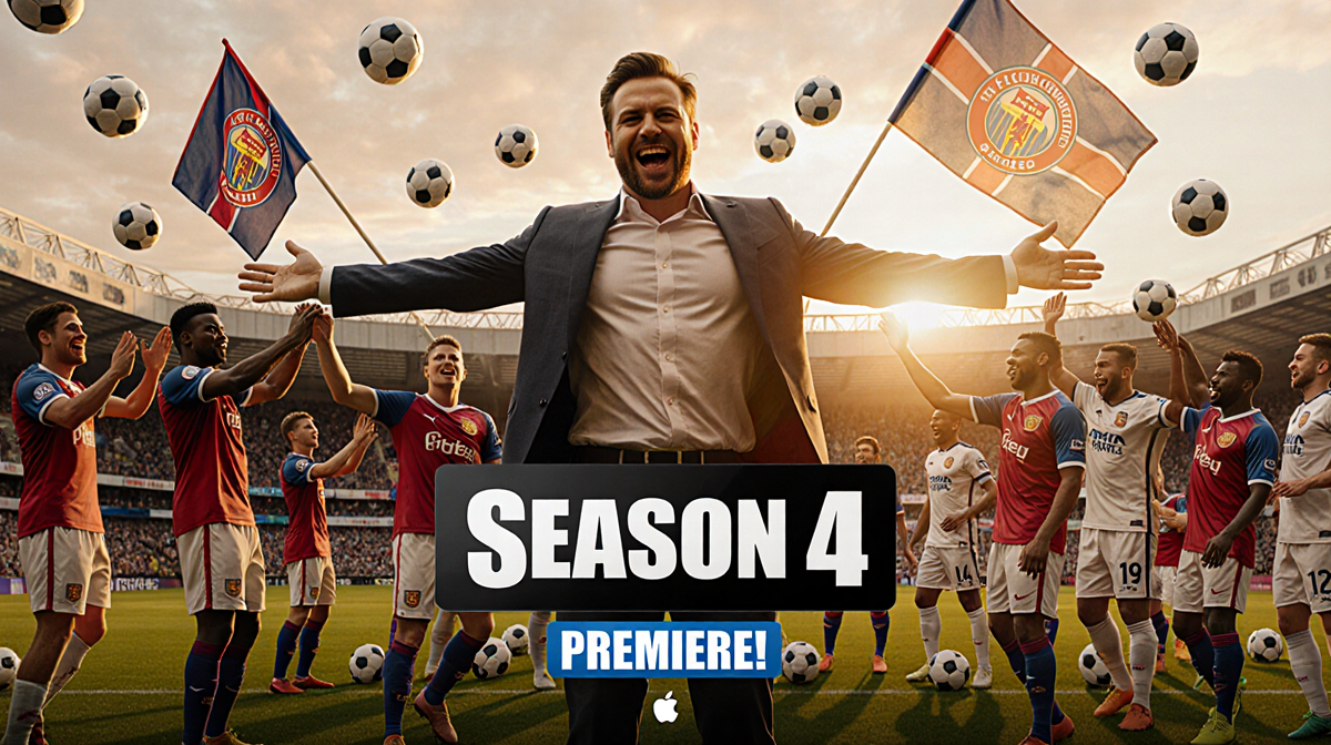 Ted Lasso triumphantly stretches arms with soccer balls and FIFA flags around him on a sunset stadium field Season 4 banner