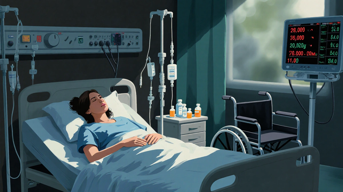 Hospital bed shows paused immunotherapy treatment with IV tubes and medical monitor displaying high readings